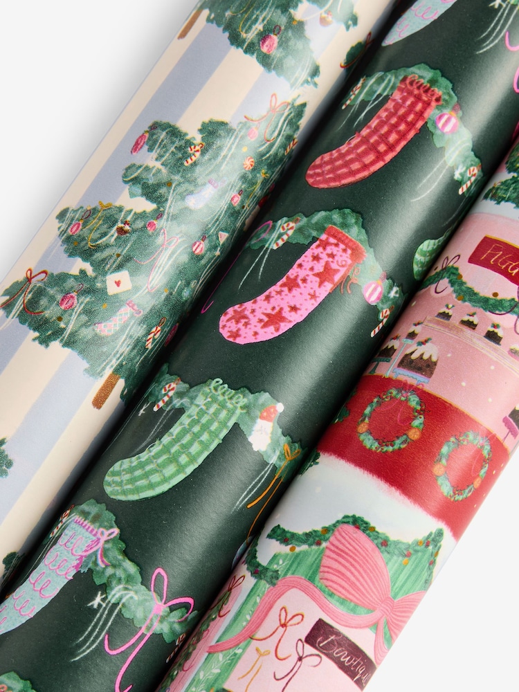Set of 3 Pink and Green Market Scene Christmas Wrapping Paper Set of 3, 3m Gift Tags and Ribbons Set - Image 2 of 2 Set of 3 Pink and Green Market Scene Christmas Wrapping Paper Set of 3, 3m Gift Tags and Ribbons Set - Image 2 of 2