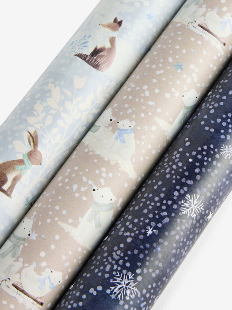 Set of 3 Blue and White Winter Wood Christmas Wrapping Paper Set of 3, 3m Gift Tags and Ribbons Set - Image 2 of 2 Set of 3 Blue and White Winter Wood Christmas Wrapping Paper Set of 3, 3m Gift Tags and Ribbons Set - Image 2 of 2