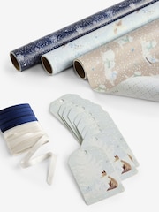Set of 3 Blue and White Winter Wood Christmas Wrapping Paper Set of 3, 3m Gift Tags and Ribbons Set - Image 3 of 4