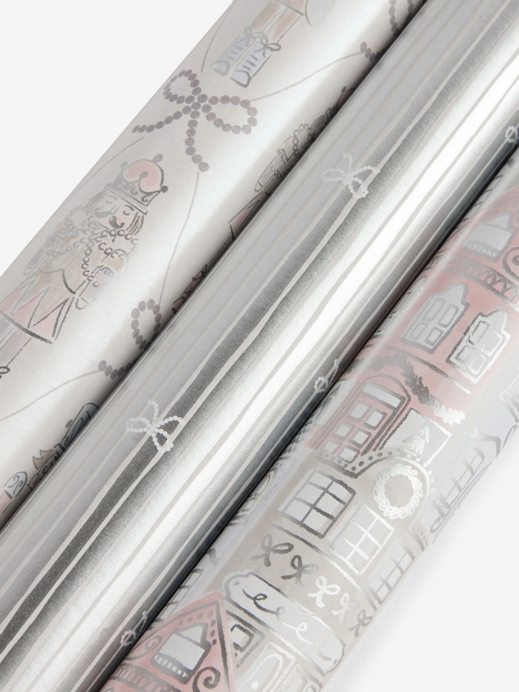 Set of 3 Silver Nutcracker Christmas Wrapping Paper Set of 3, 3m Gift Tags and Ribbons Set - Image 4 of 4 Set of 3 Silver Nutcracker Christmas Wrapping Paper Set of 3, 3m Gift Tags and Ribbons Set - Image 4 of 4