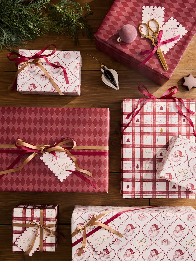 Set of 3 Red Holiday Cheer Christmas Wrapping Paper Set of 3, 3m Gift Tags and Ribbons Set - Image 1 of 4 Set of 3 Red Holiday Cheer Christmas Wrapping Paper Set of 3, 3m Gift Tags and Ribbons Set - Image 1 of 4