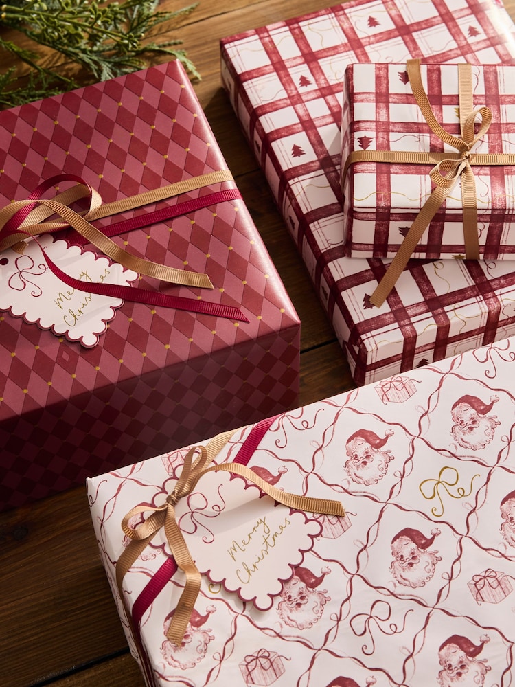 Set of 3 Red Holiday Cheer Christmas Wrapping Paper Set of 3, 3m Gift Tags and Ribbons Set - Image 2 of 4 Set of 3 Red Holiday Cheer Christmas Wrapping Paper Set of 3, 3m Gift Tags and Ribbons Set - Image 2 of 4