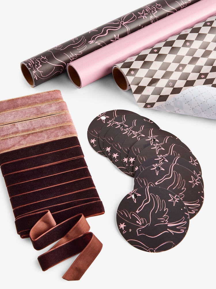 Set of 3 Pink and Chocolate Dove Christmas Wrapping Paper Luxury Set of 3, 3m Gift Tags and Ribbons Set - Image 1 of 2