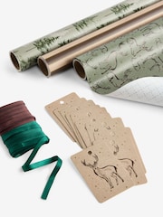 Set of 3 Green and Brown Winter Forest Deer Christmas Wrapping Paper Set of 3, 3m Gift Tags and Ribbons Set - Image 1 of 2