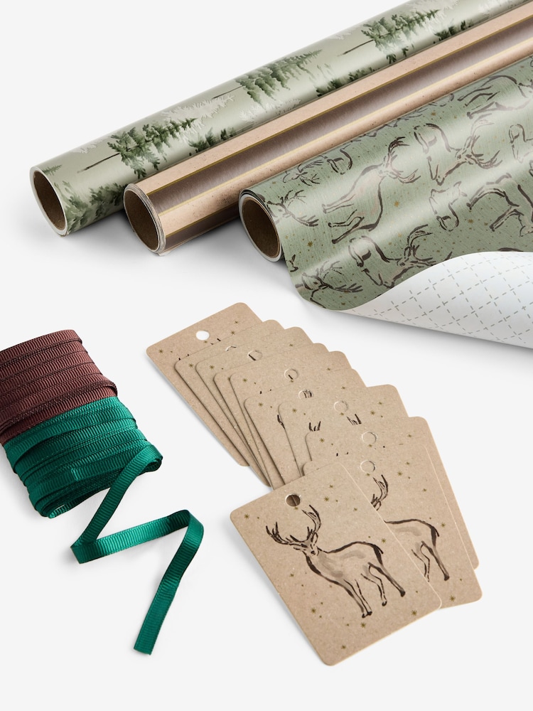 Set of 3 Green and Brown Winter Forest Deer Christmas Wrapping Paper Set of 3, 3m Gift Tags and Ribbons Set - Image 1 of 2 Set of 3 Green and Brown Winter Forest Deer Christmas Wrapping Paper Set of 3, 3m Gift Tags and Ribbons Set - Image 1 of 2
