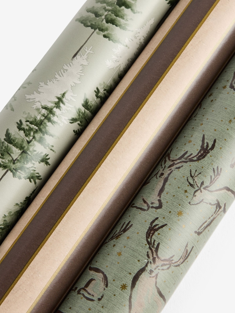 Set of 3 Green and Brown Winter Forest Deer Christmas Wrapping Paper Set of 3, 3m Gift Tags and Ribbons Set - Image 4 of 4