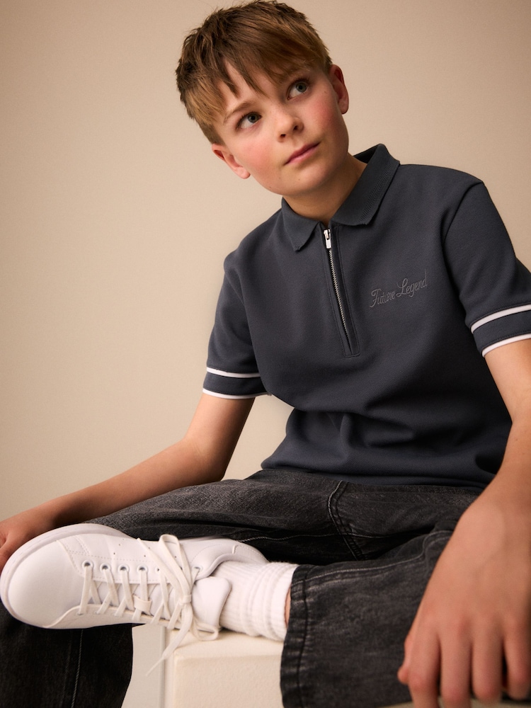 Charcoal Grey Zip Neck Short Sleeve Jersey Polo Shirt (3-16yrs) - Image 4 of 4 Charcoal Grey Zip Neck Short Sleeve Jersey Polo Shirt (3-16yrs) - Image 4 of 4