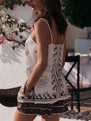 Ecru/Brown Border Print Long Line Cami Top with Linen - Image 3 of 6