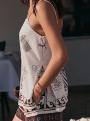 Ecru/Brown Border Print Long Line Cami Top with Linen - Image 4 of 6