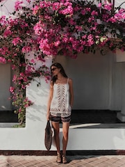 Ecru/Brown Border Print Shorts with Linen - Image 1 of 5