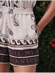 Ecru/Brown Border Print Shorts with Linen - Image 2 of 5