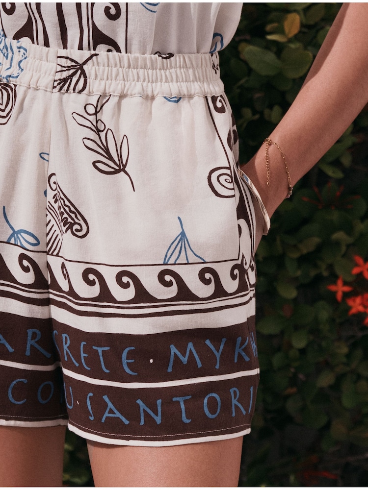 Ecru/Brown Border Print Shorts with Linen - Image 2 of 5