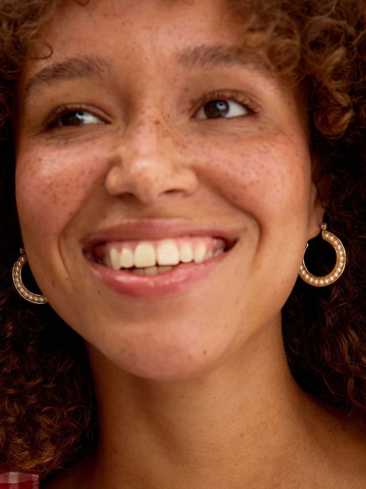 Oliver Bonas Gold Tone Greer Faux Pearl Inlay Hoop Earrings - Image 4 of 4