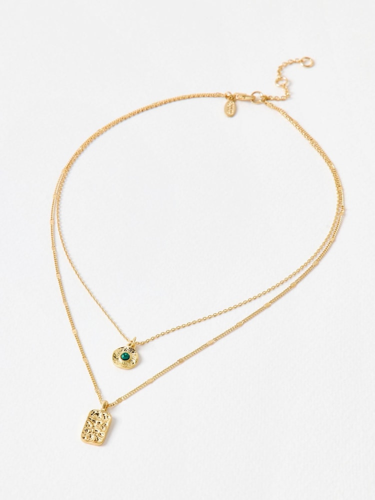 Oliver Bonas Green Claire Molten Charms Gold Toned Layered Necklace - Image 2 of 4