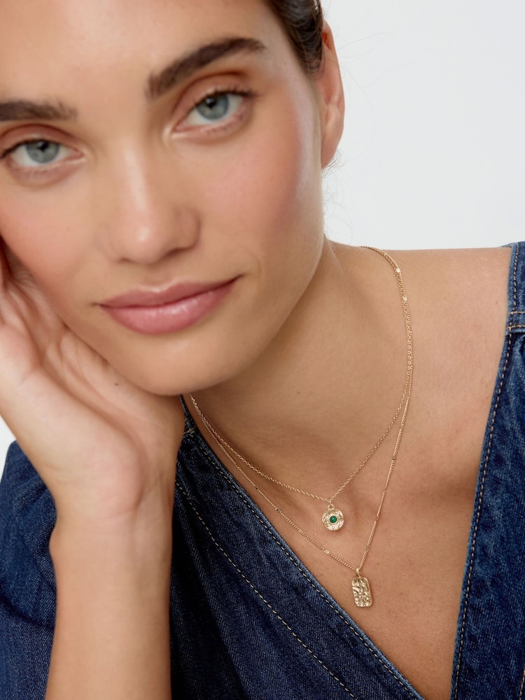 Oliver Bonas Green Claire Molten Charms Gold Toned Layered Necklace - Image 4 of 4