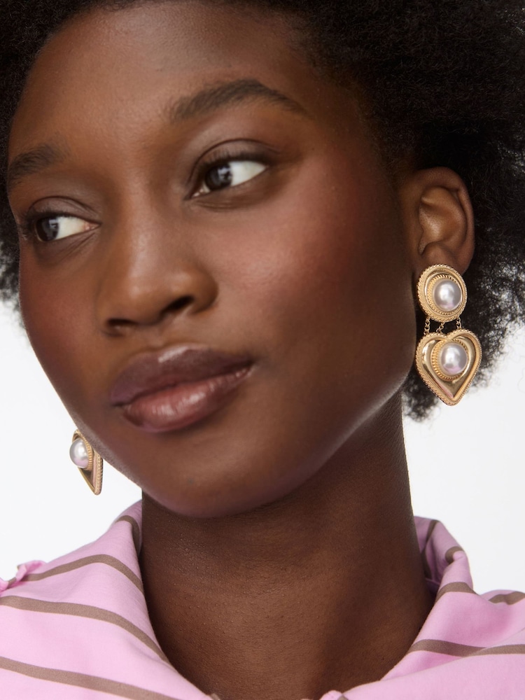 Oliver Bonas Gold Tone Keller & Faux Pearl Heart Earrings - Image 1 of 5