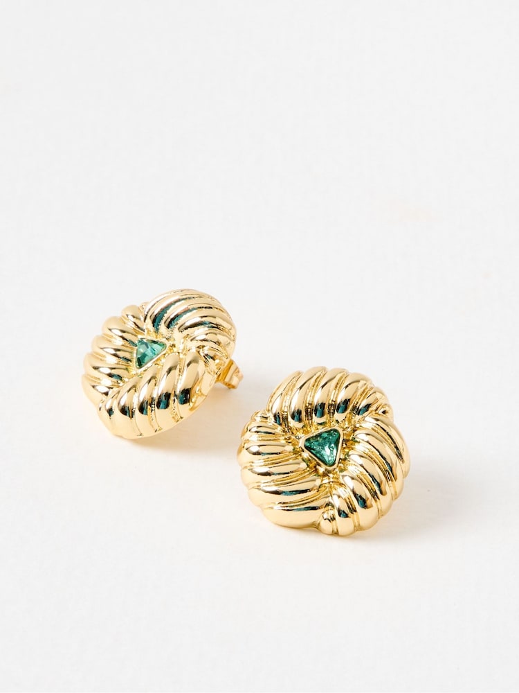 Oliver Bonas Green Lima Stone Textured Gold Toned Stud Earrings - Image 2 of 4