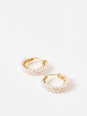 Oliver Bonas White Sukie Faux Pearl Detail Gold Toned Hoop Earrings - Image 1 of 5