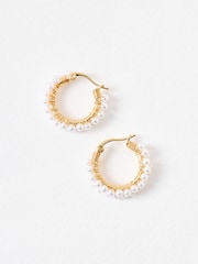Oliver Bonas White Sukie Faux Pearl Detail Gold Toned Hoop Earrings - Image 2 of 5