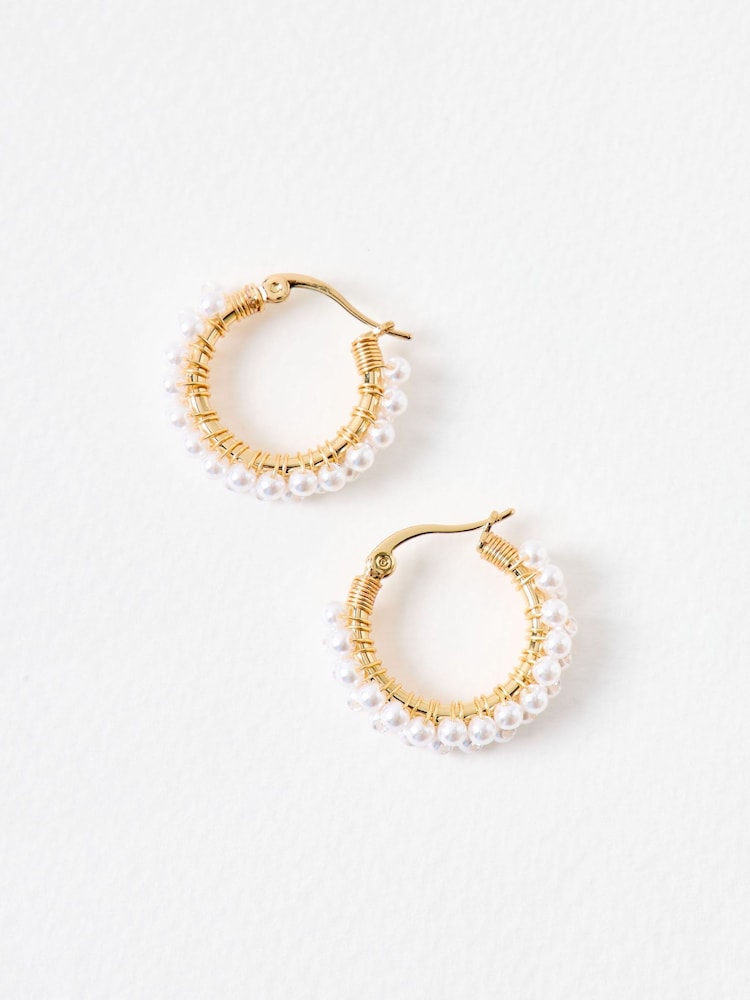 Oliver Bonas White Sukie Faux Pearl Detail Gold Toned Hoop Earrings - Image 2 of 5