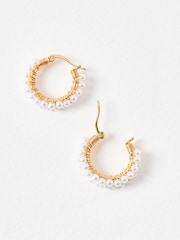 Oliver Bonas White Sukie Faux Pearl Detail Gold Toned Hoop Earrings - Image 3 of 5