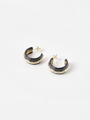 Oliver Bonas Black Calico Enamel & Gold Toned Large Hoop Earrings - Image 3 of 5