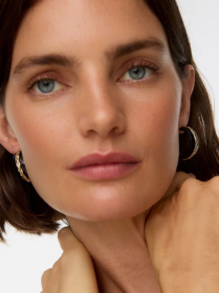 Oliver Bonas Black Calico Enamel & Gold Toned Large Hoop Earrings - Image 5 of 5