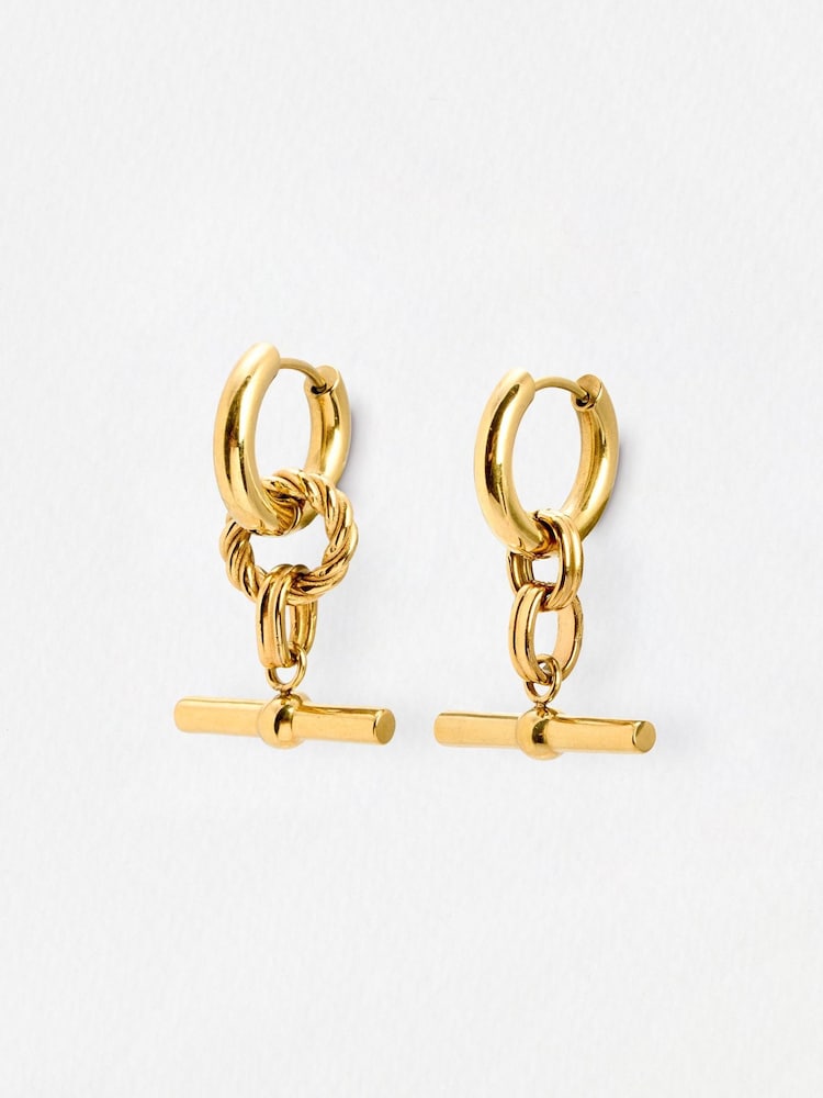 Oliver Bonas Gold Tone Stainless Steel Waterproof T-Bar Drop Hoop Earrings - Image 1 of 5 Oliver Bonas Gold Tone Stainless Steel Waterproof T-Bar Drop Hoop Earrings - Image 1 of 5