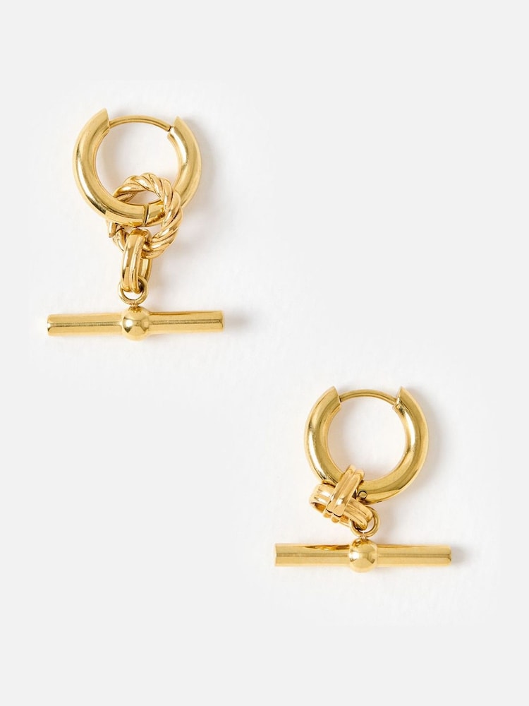 Oliver Bonas Gold Tone Stainless Steel Waterproof T-Bar Drop Hoop Earrings - Image 2 of 5 Oliver Bonas Gold Tone Stainless Steel Waterproof T-Bar Drop Hoop Earrings - Image 2 of 5