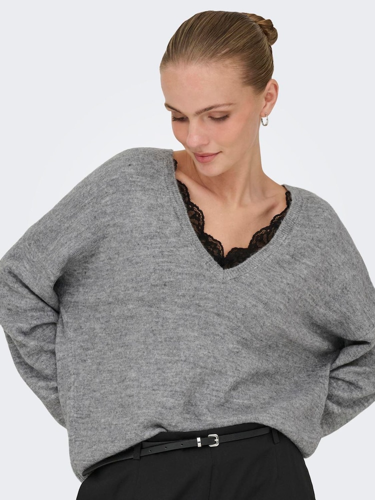 ONLY Grey Lace Detail Reversible Knit Jumper - Image 1 of 6 ONLY Grey Lace Detail Reversible Knit Jumper - Image 1 of 6