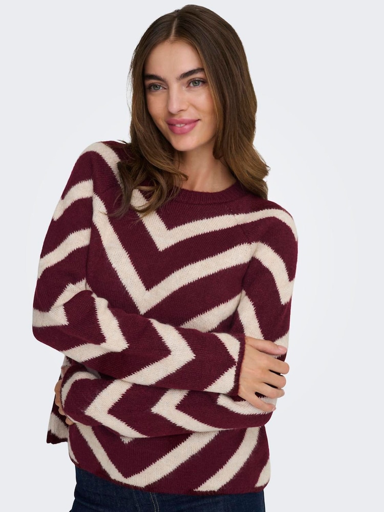 ONLY Purple Stripe Round Neck Knit Pullover Jumper - Image 1 of 6 ONLY Purple Stripe Round Neck Knit Pullover Jumper - Image 1 of 6