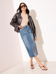 Friends Like These Mid Wash Hourglass Split Front Denim Midi Skirt - Image 1 of 4