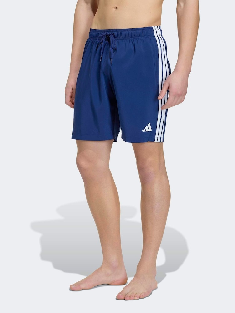 adidas Blue 3 Stripes Swim Shorts 8 Inch - Image 1 of 5 adidas Blue 3 Stripes Swim Shorts 8 Inch - Image 1 of 5