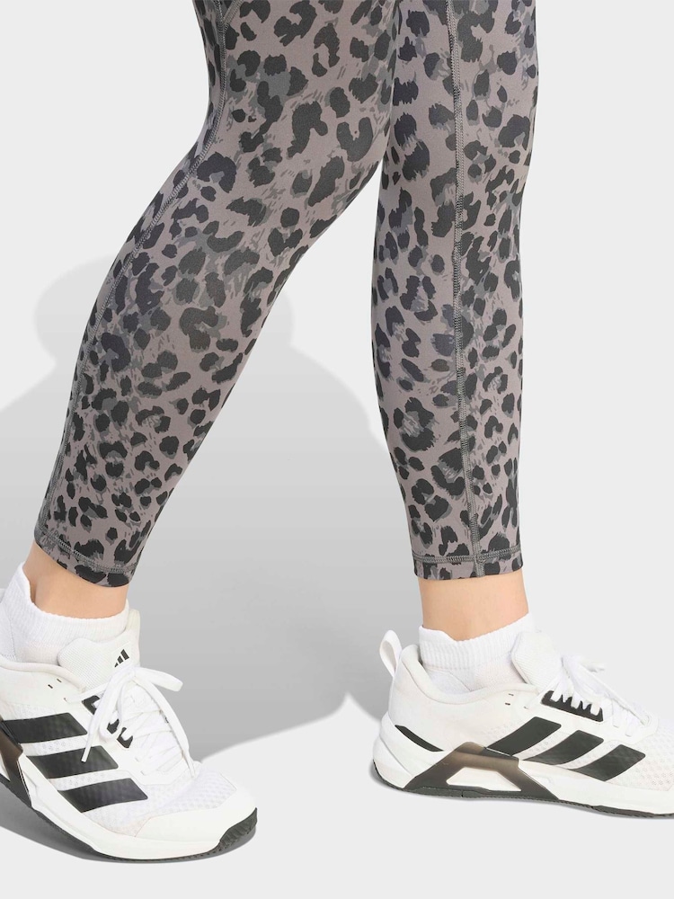 adidas Grey Optime Essentials 3-Stripes Leopard 7/8 Leggings - Image 5 of 5