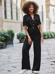 Sosandar Black Petite Side Stripe Button Front Jumpsuit - Image 2 of 4