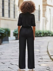 Sosandar Black Petite Side Stripe Button Front Jumpsuit - Image 3 of 4