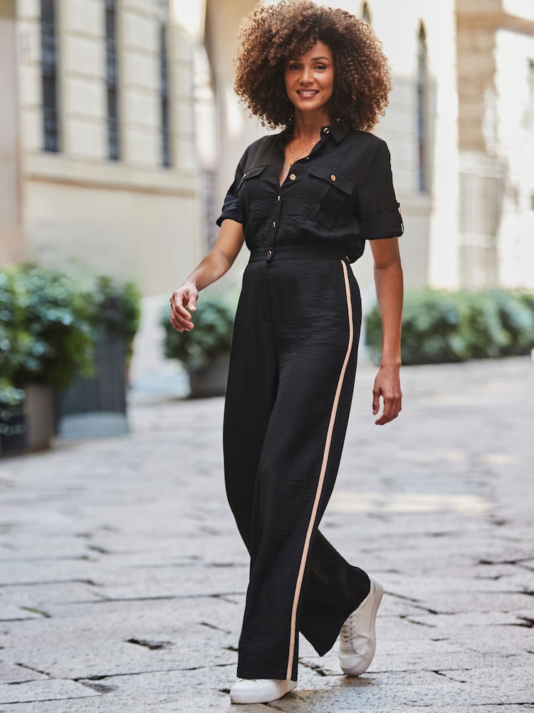 Sosandar Black Petite Side Stripe Button Front Jumpsuit - Image 4 of 4 Sosandar Black Petite Side Stripe Button Front Jumpsuit - Image 4 of 4