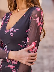 Sosandar Black Floral Print V-Neck Mesh Fit & Flare Dress - Image 4 of 5