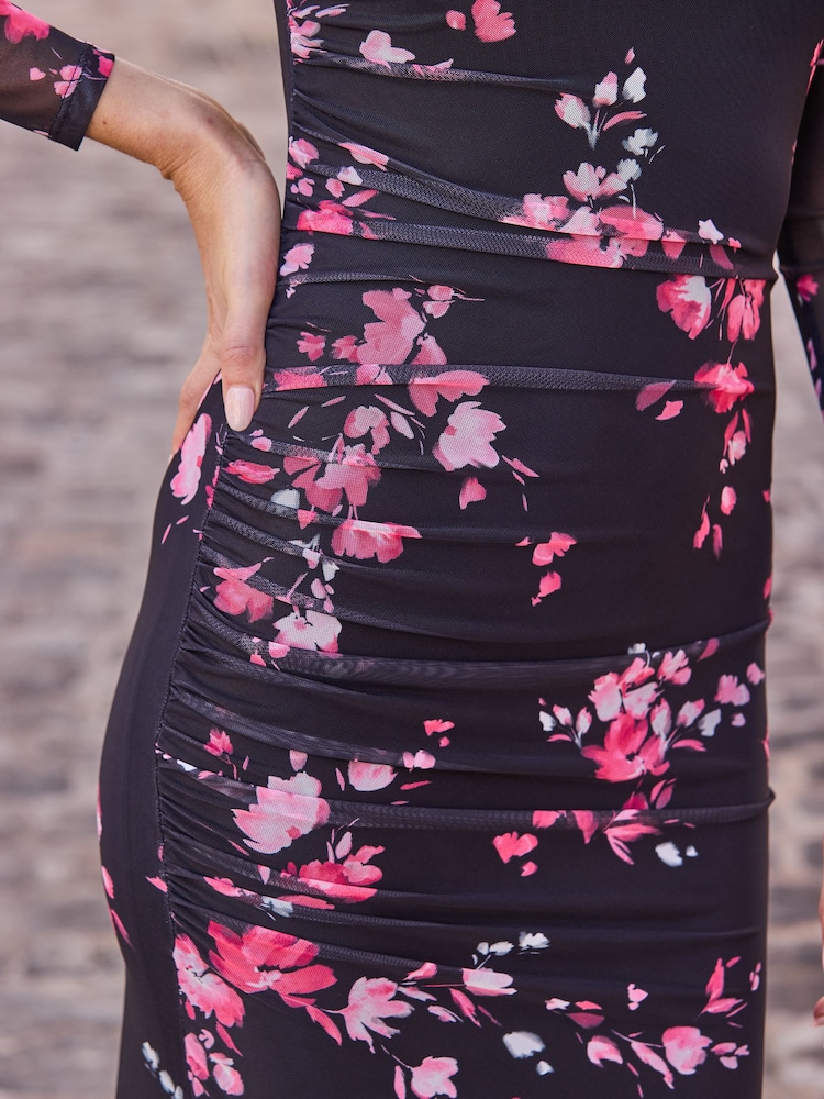 Sosandar Black Floral Print V-Neck Mesh Fit & Flare Dress - Image 5 of 5