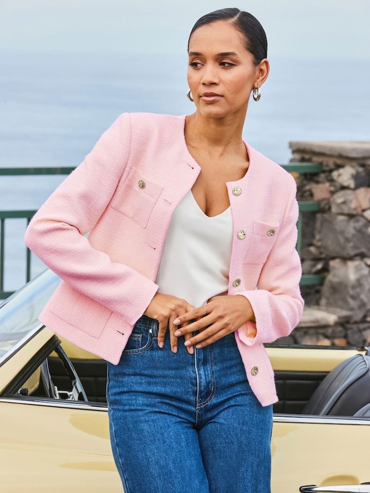 Sosandar Pink Boucle Jacket With Embellished Buttons - Image 1 of 3