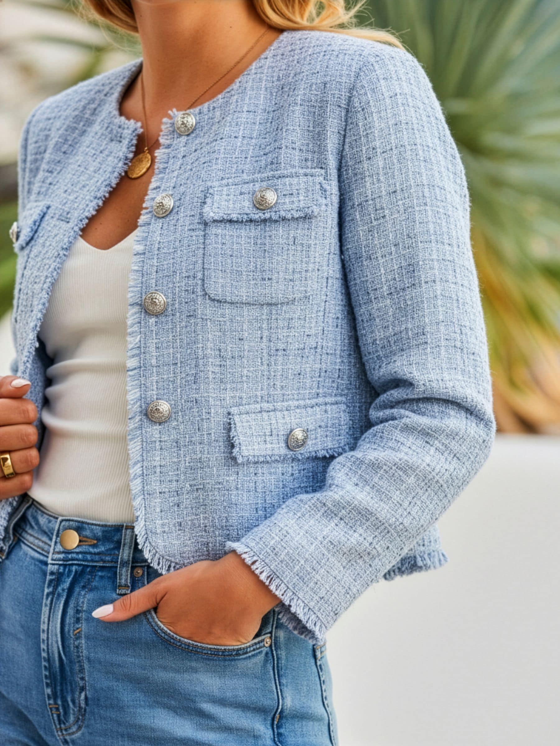 Buy Sosandar Blue Textured Boucle Jacket With Embellished Buttons