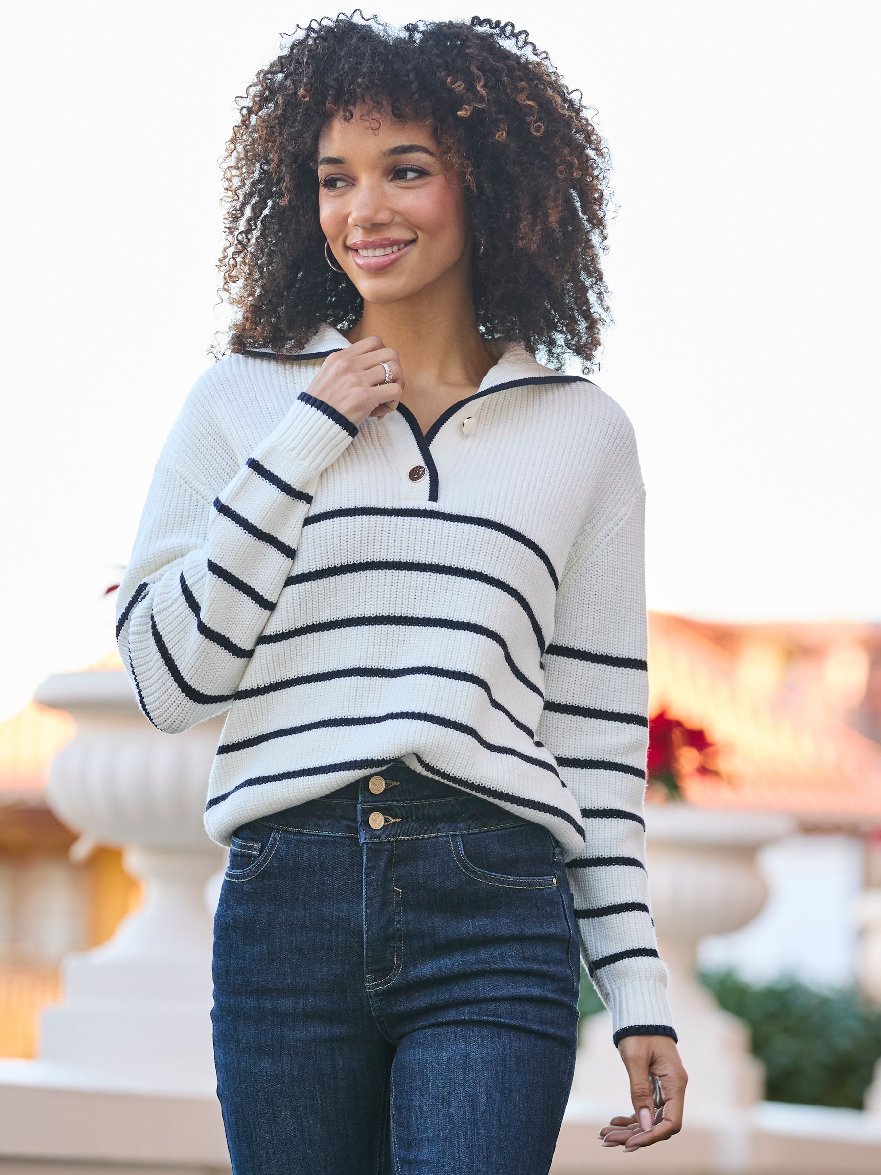 Buy Sosandar Blue Stripe Gold Button Detail Collared Jumper from