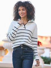 Sosandar Blue Stripe Gold Button Detail Collared Jumper - Image 2 of 5