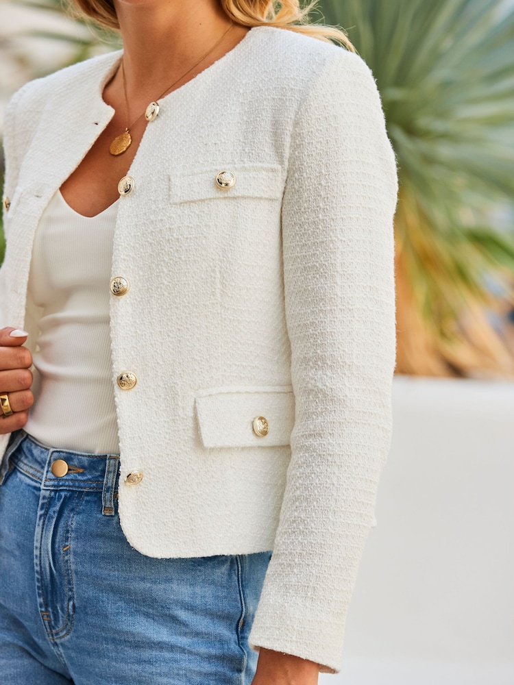 Sosandar White Petite Boucle Collarless Jacket With Gold Button Detail - Image 5 of 5