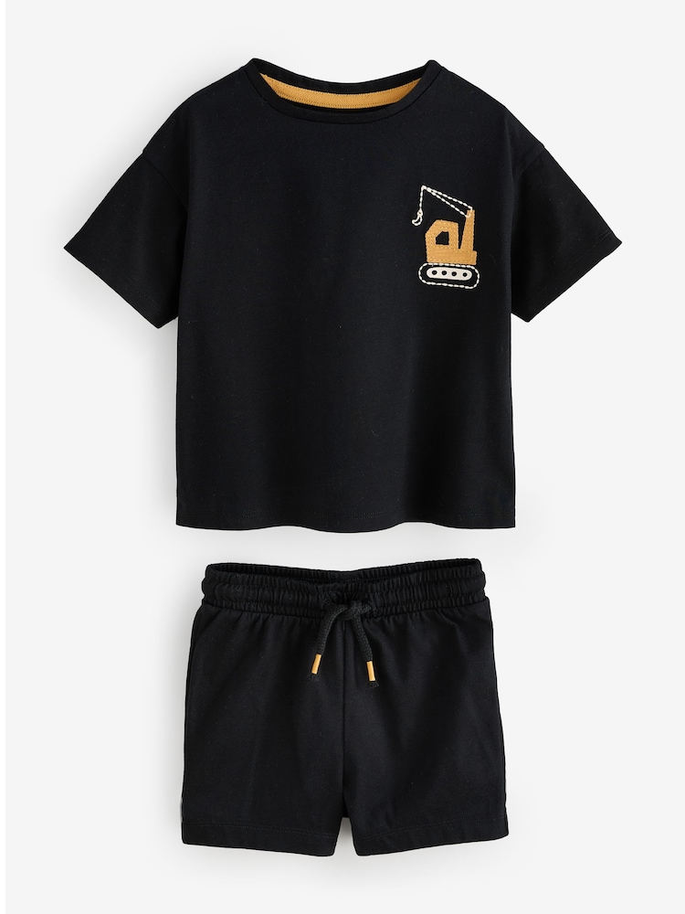 Black Short Sleeve Digger Print T-Shirt And Shorts Set - Image 1 of 1