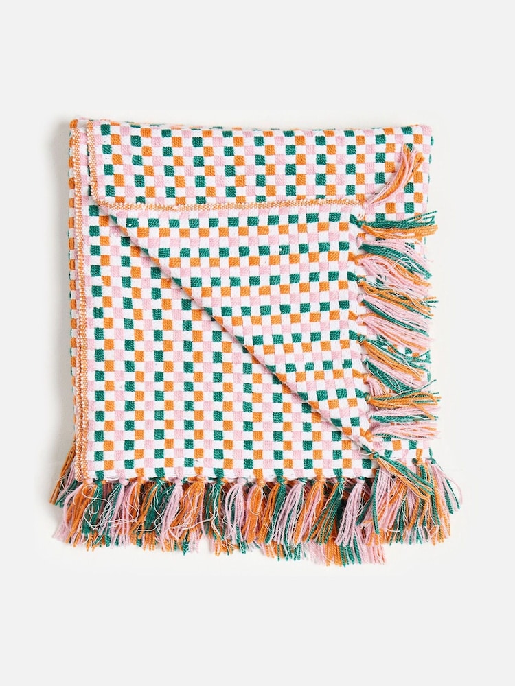Oliver Bonas Green & Orange Chequerboard Woven Throw - Image 1 of 5 Oliver Bonas Green & Orange Chequerboard Woven Throw - Image 1 of 5