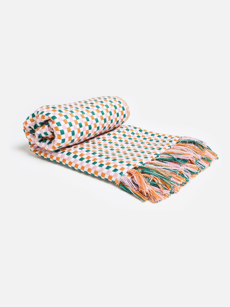 Oliver Bonas Green & Orange Chequerboard Woven Throw - Image 2 of 5 Oliver Bonas Green & Orange Chequerboard Woven Throw - Image 2 of 5