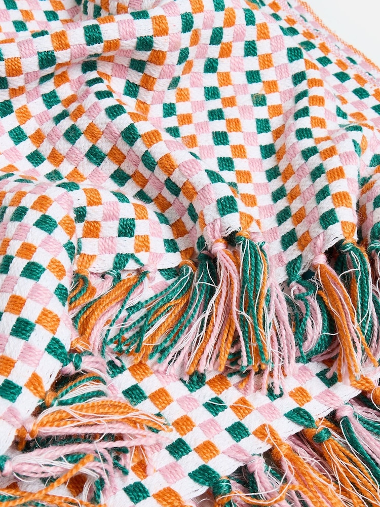 Oliver Bonas Green & Orange Chequerboard Woven Throw - Image 5 of 5 Oliver Bonas Green & Orange Chequerboard Woven Throw - Image 5 of 5