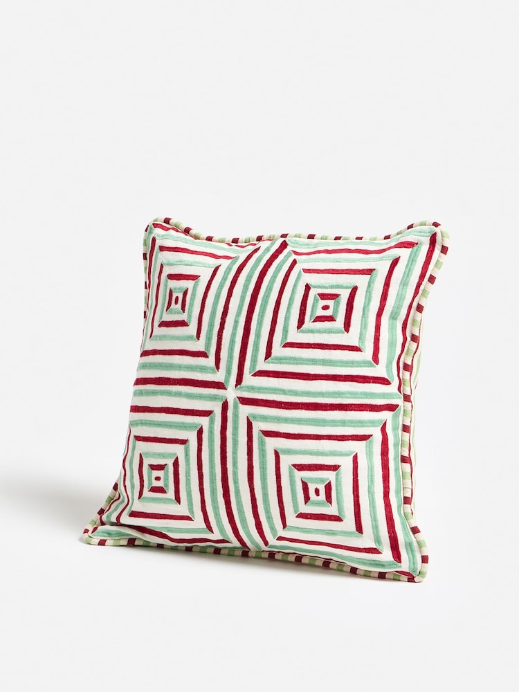 Oliver Bonas Multi Red Green Embroidered Squares Cushion Cover 45x45cm - Image 1 of 3 Oliver Bonas Multi Red Green Embroidered Squares Cushion Cover 45x45cm - Image 1 of 3