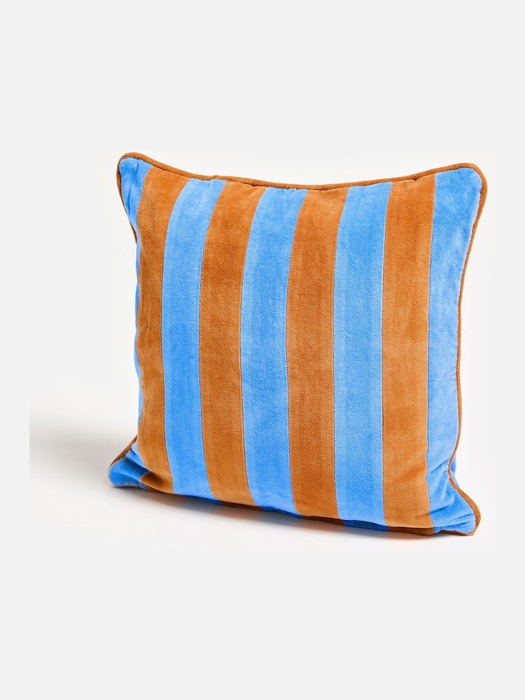 Oliver Bonas Blue & Orange Striped Velvet Cushion Cover 45x45cm - Image 1 of 6